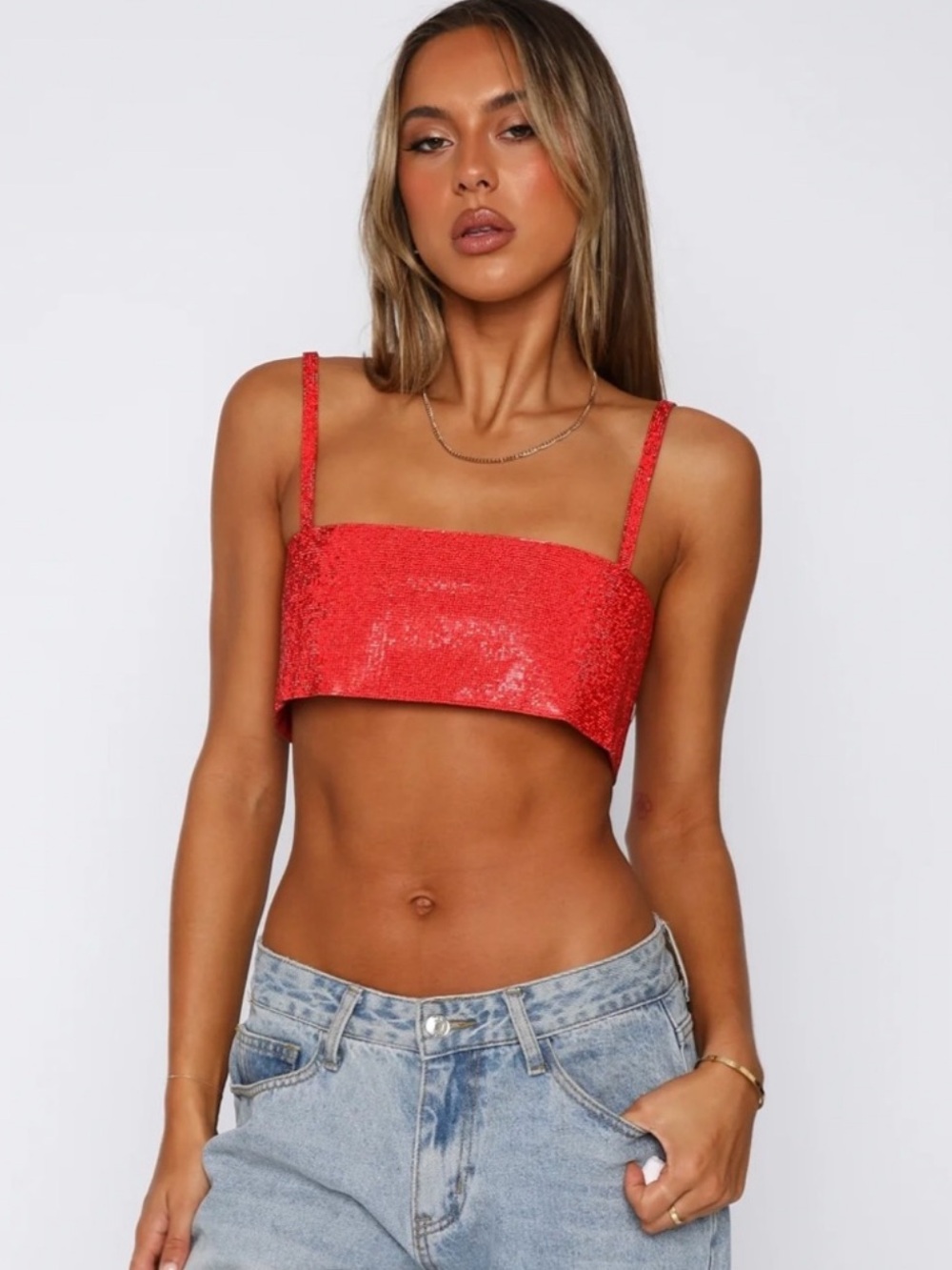 Y2K Red Rhinestone Crop Top Red White Fox Breathtaking XS/S